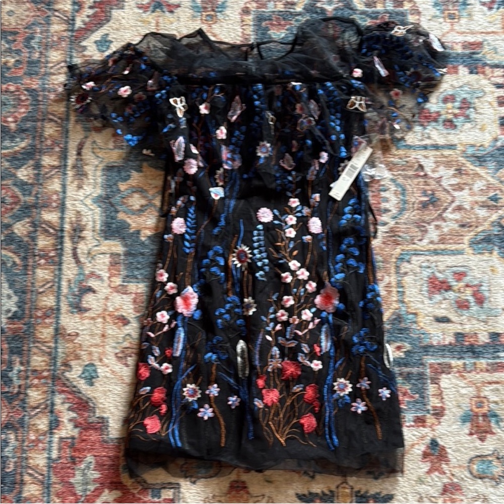 Gianni Bini Black Dress with Colorful Floral Embroidery